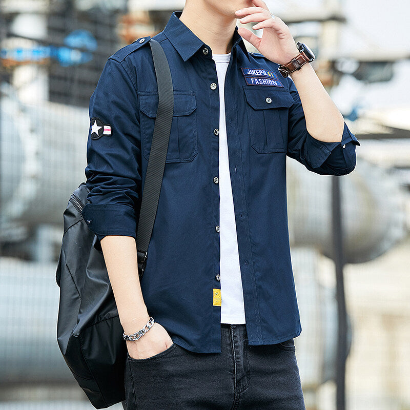 Men's utility shirt with chest flap pockets, shoulder patches, and embroidered patches Chichicherry