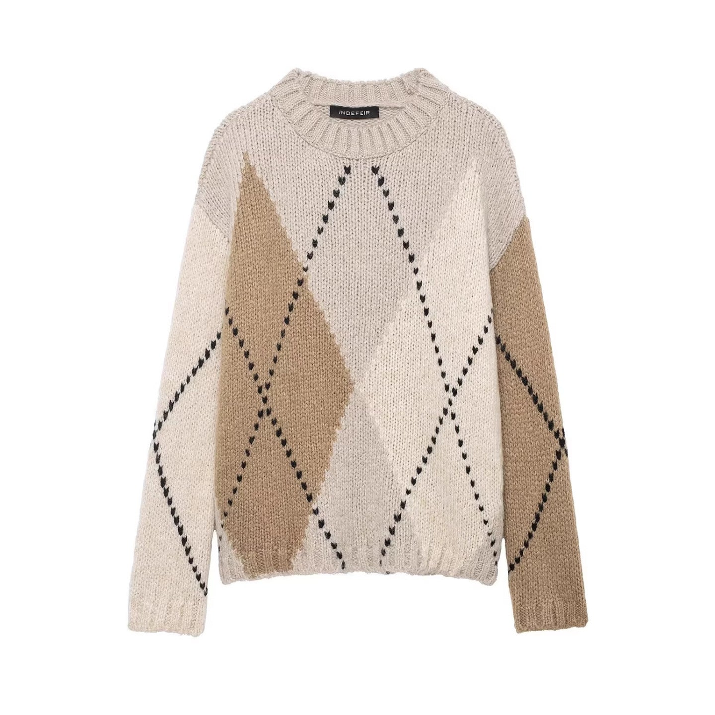 Women Chunky Knit Argyle Sweater with Oversized Cut and Ribbed Collar Chichicherry