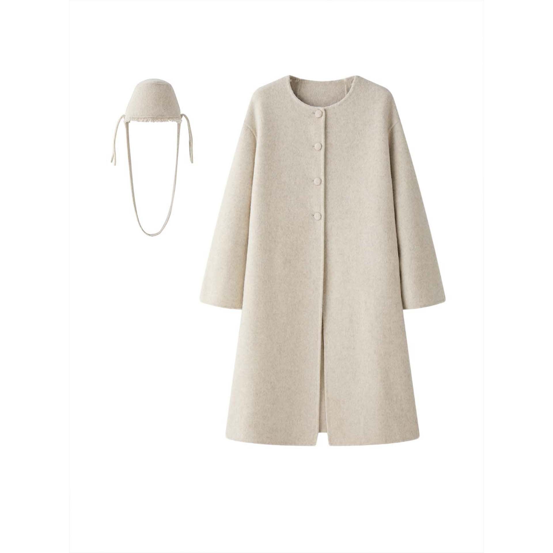 Women Oversize Wool Blend Coat with Concealed Button Placket and Soft Collar Chichicherry