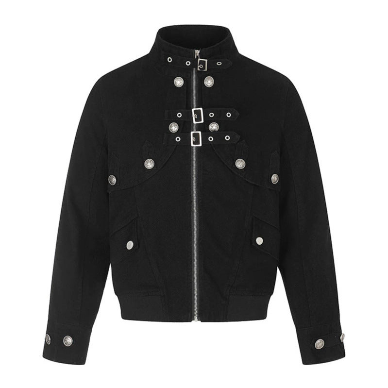 Women's short fitted bomber jacket with stand-up collar, decorative buckles, and flap pockets Chichicherry