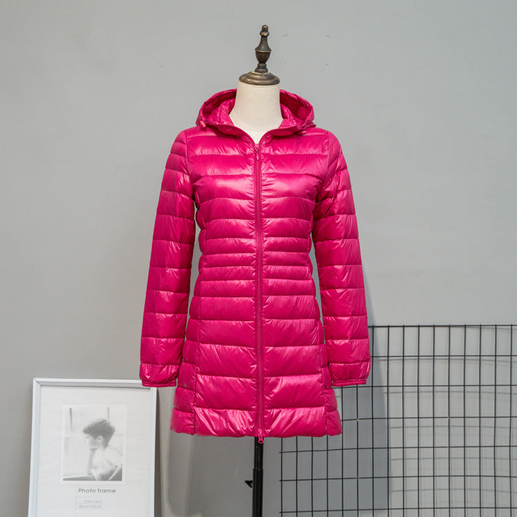 Women's Lightly Quilted Long Jacket with Hood and Slim Silhouette Chichicherry