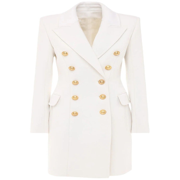 Women Narrow Cut Double-Breasted Wool Blend Long Coat with Distinctive Shoulder and Golden Decorative Round Buttons Chichicherry