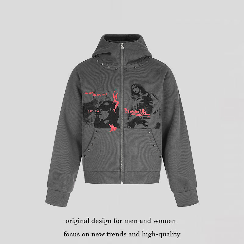 Ladies Hooded Zip Jacket with Stud Embellishment, Artwork Front Print and Kangaroo Pockets Chichicherry