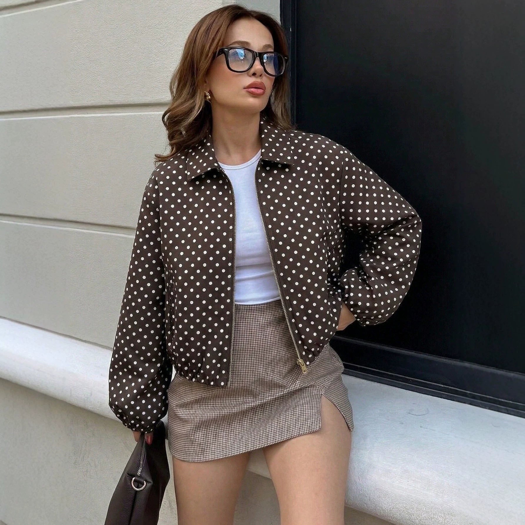 Women Polka Dot Short Bomber Jacket with Zipper Chichicherry