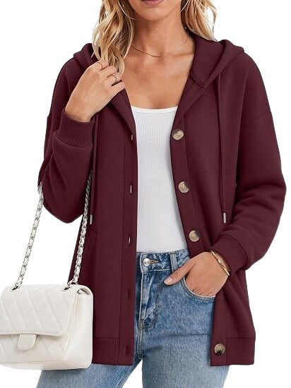 Ladies fleece hooded cardigan with button placket, raglan sleeves and side pockets Chichicherry
