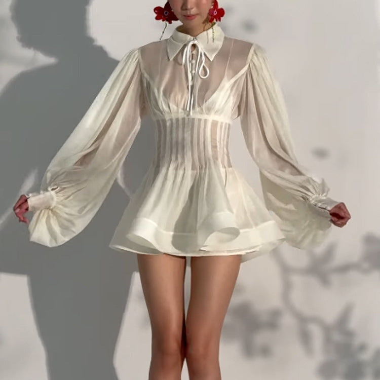 Ladies Transparent Chiffon Mini Dress with Corset Look, Puff Sleeves and Flared Skirt Chichicherry
