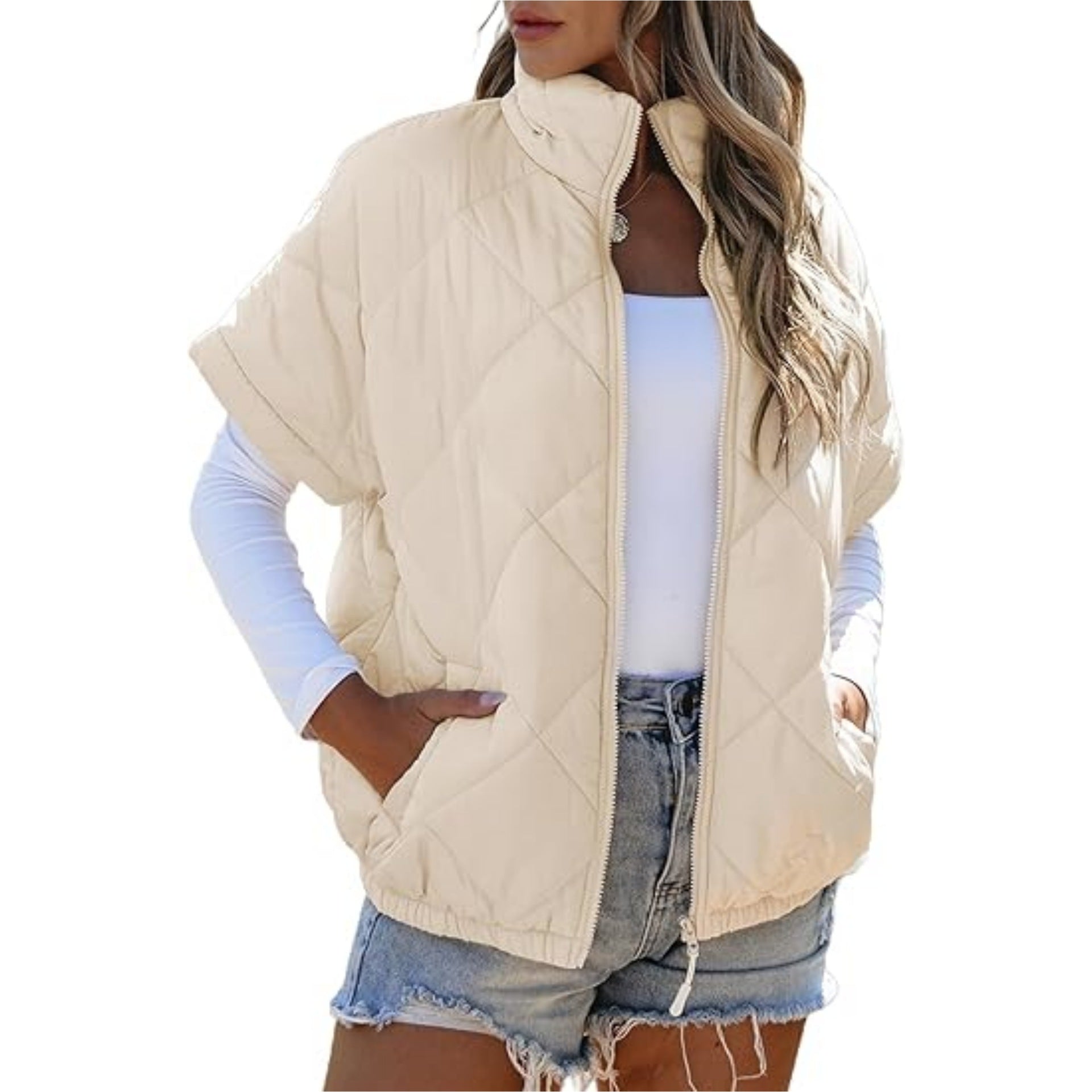 Women's short-sleeve quilted vest with stand-up collar, zipper, and side pockets Chichicherry