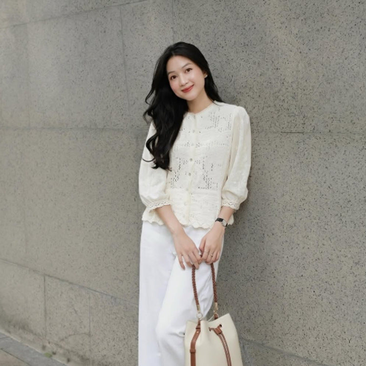 Women's Romantic Crochet Blouse with Continuous Button Placket, V-Neck and Three-Quarter Balloon Sleeves Chichicherry