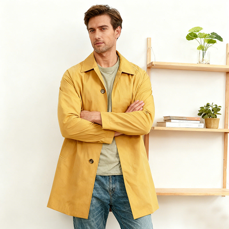Men's mid-length car coat with lapel collar and concealed button placket Chichicherry