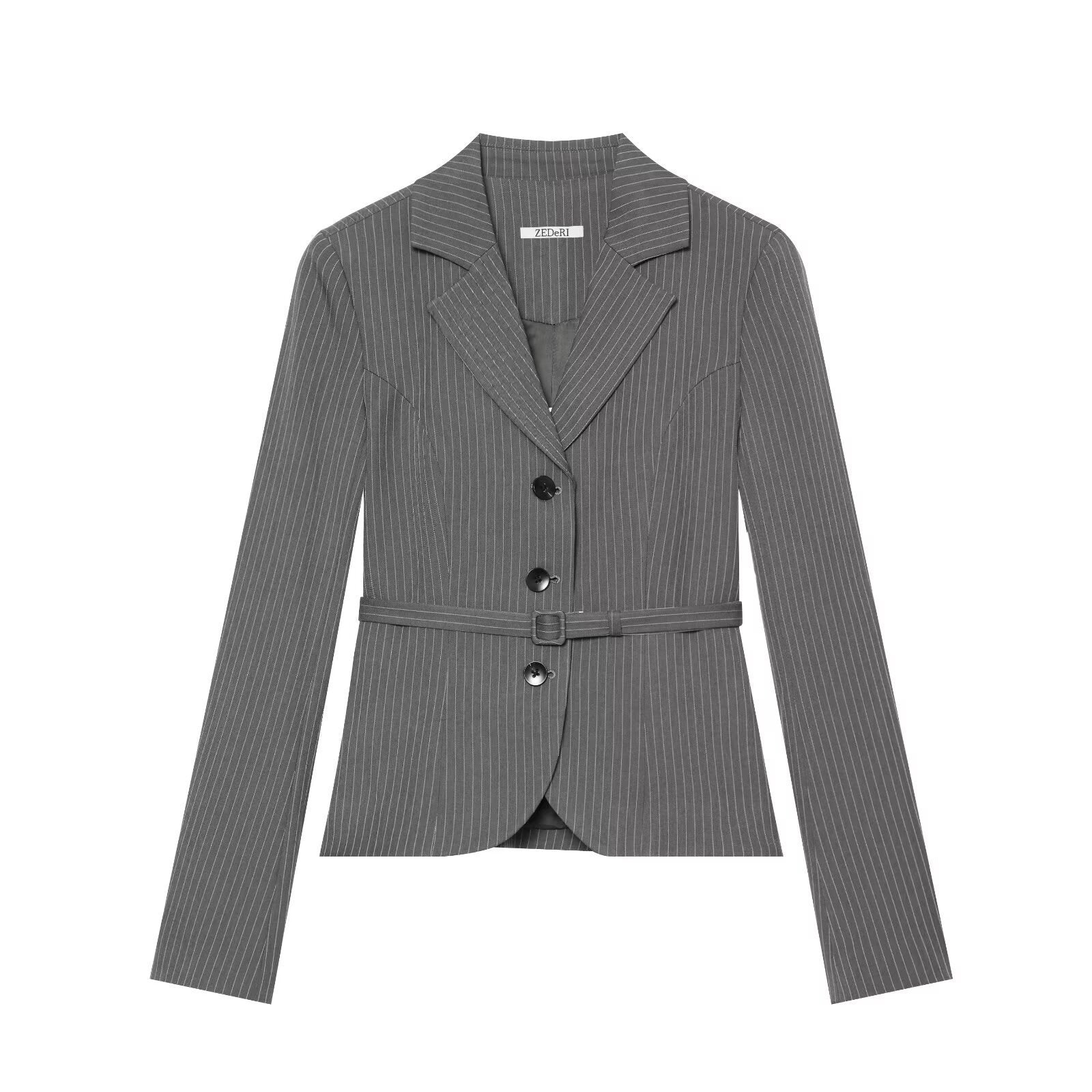 Women's Tailored Pinstripe Blazer with Tie Belt Chichicherry