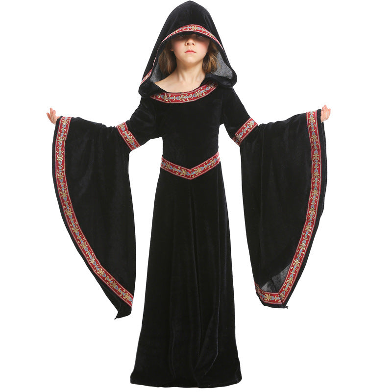 Ladies Elegant Sorceress Costume with Flared Sleeves and Playful Hooded Collar Chichicherry