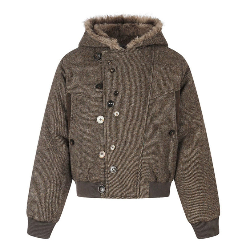 Women's hooded bomber jacket with faux fur lining, asymmetrical multi-button placket, and ribbed hem Chichicherry