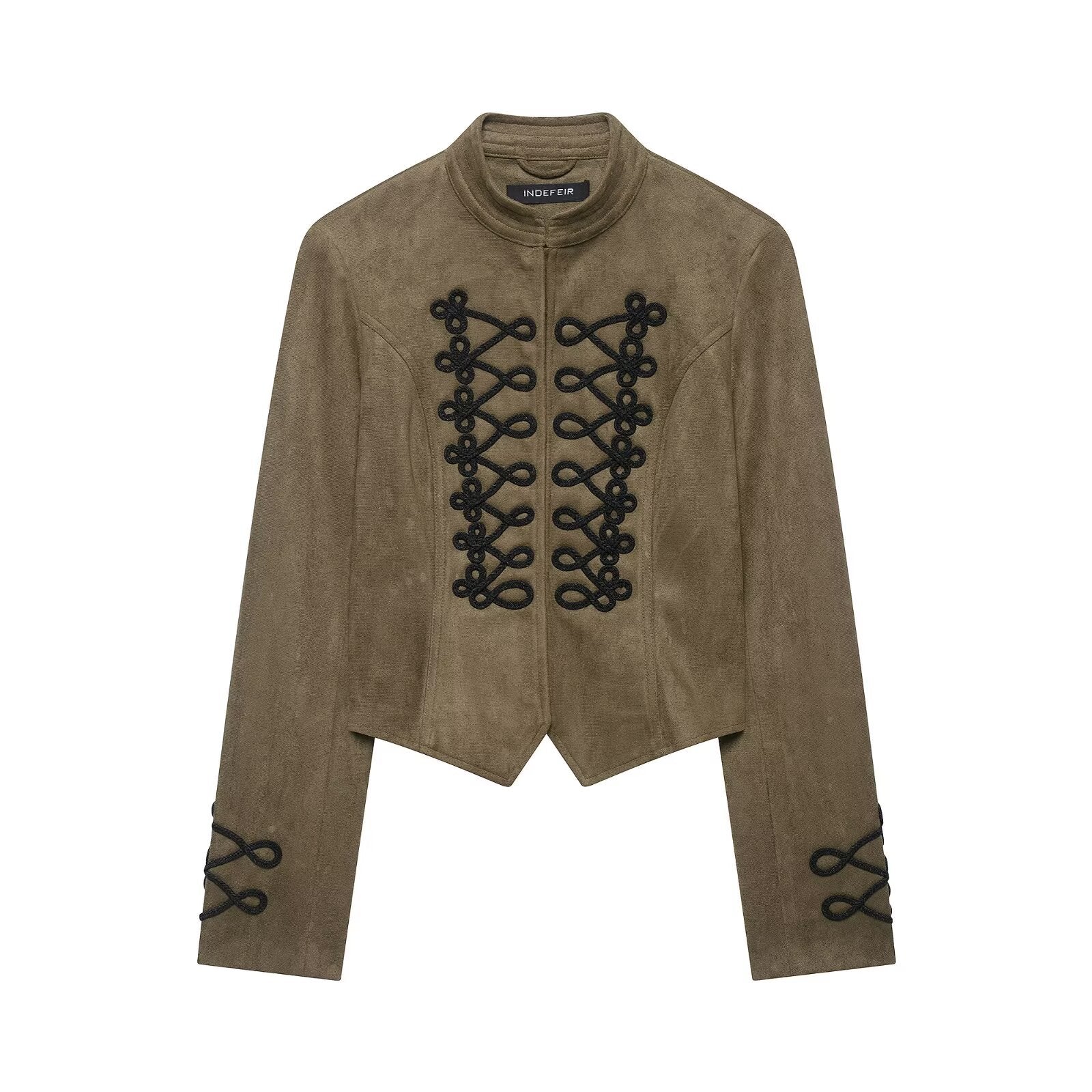 Women's Cropped Velvet Jacket with Military Decorative Cord and Tailored Cut Chichicherry