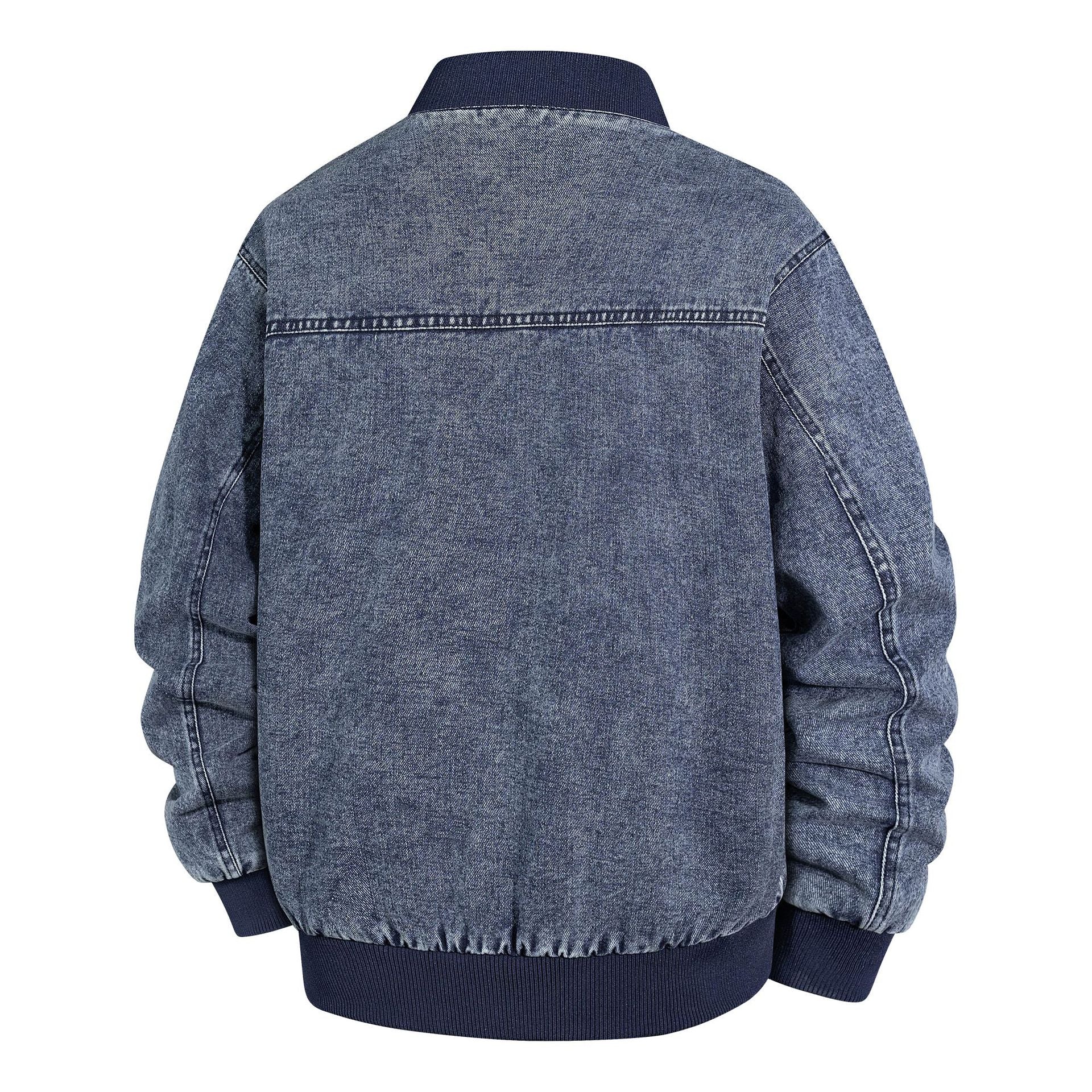 Men's Denim Bomber Jacket with Ribbed Collar and Snap Button Closure Chichicherry