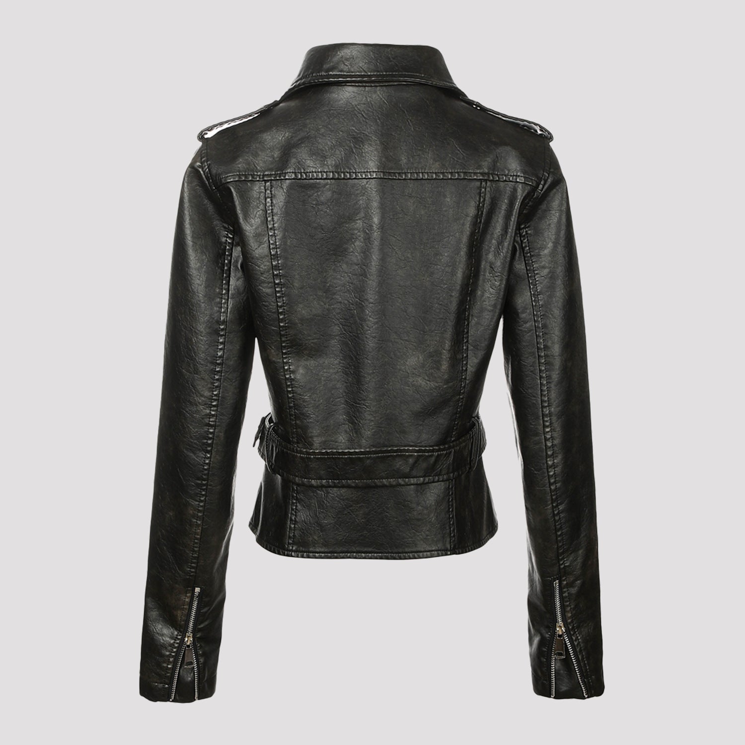 Women's short jacket in biker style made of soft faux leather with asymmetrical zipper and waist belt Chichicherry
