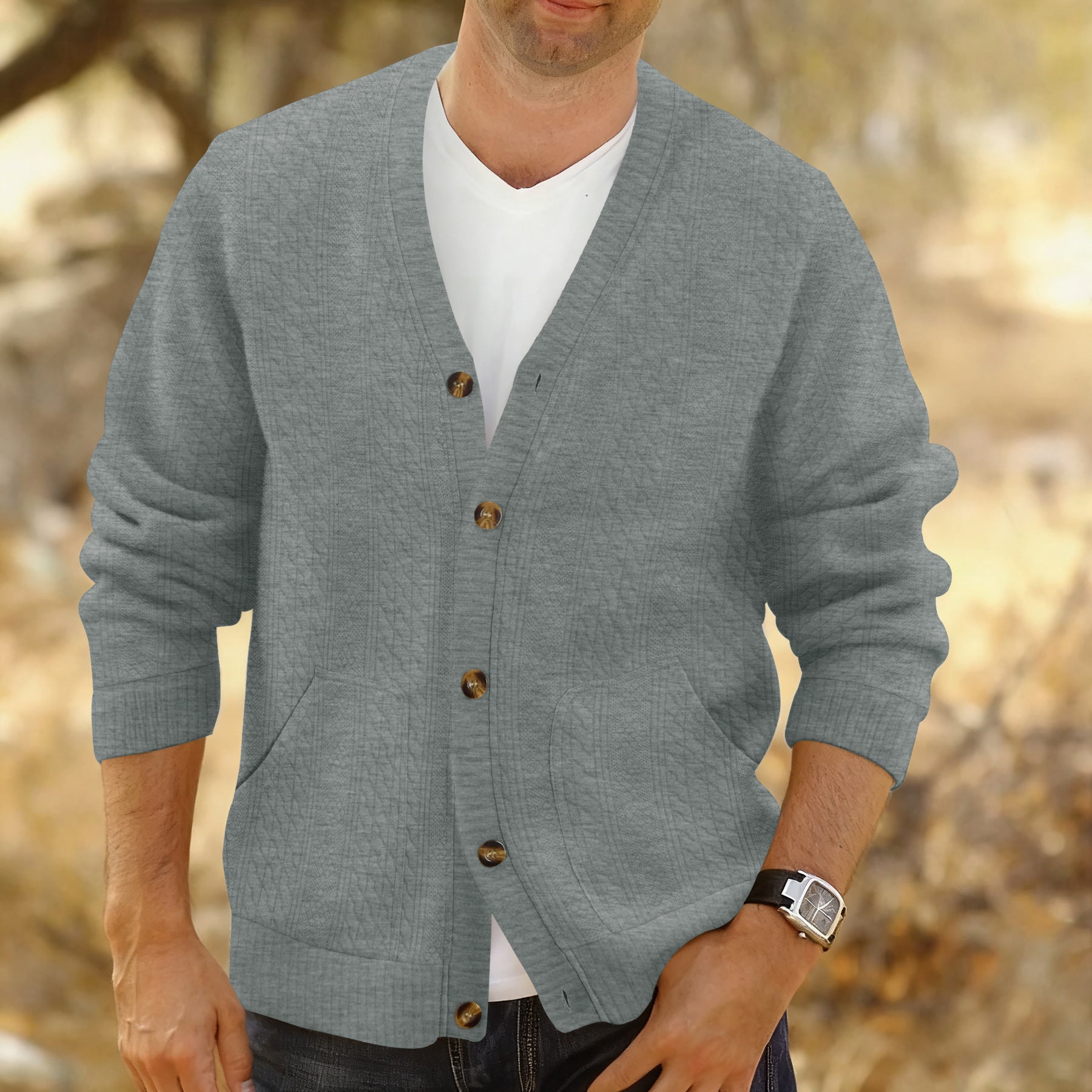 Men's Structured Knit Cardigan with Cable and Waffle Pattern, Button Placket and Patch Pockets Chichicherry