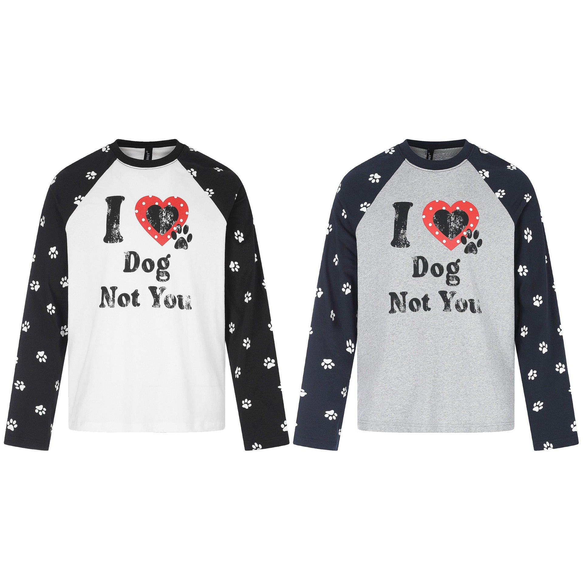 Women’s Long Sleeve Raglan Shirt with Dog Slogan and Paw Print Pattern Chichicherry