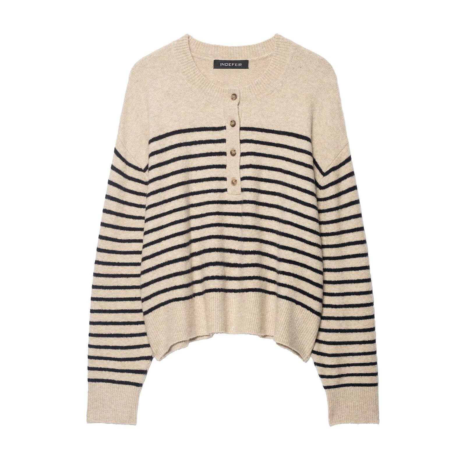 Women's Striped Fine Knit Henley Sweater with Dropped Shoulder and Ribbed Hem Chichicherry