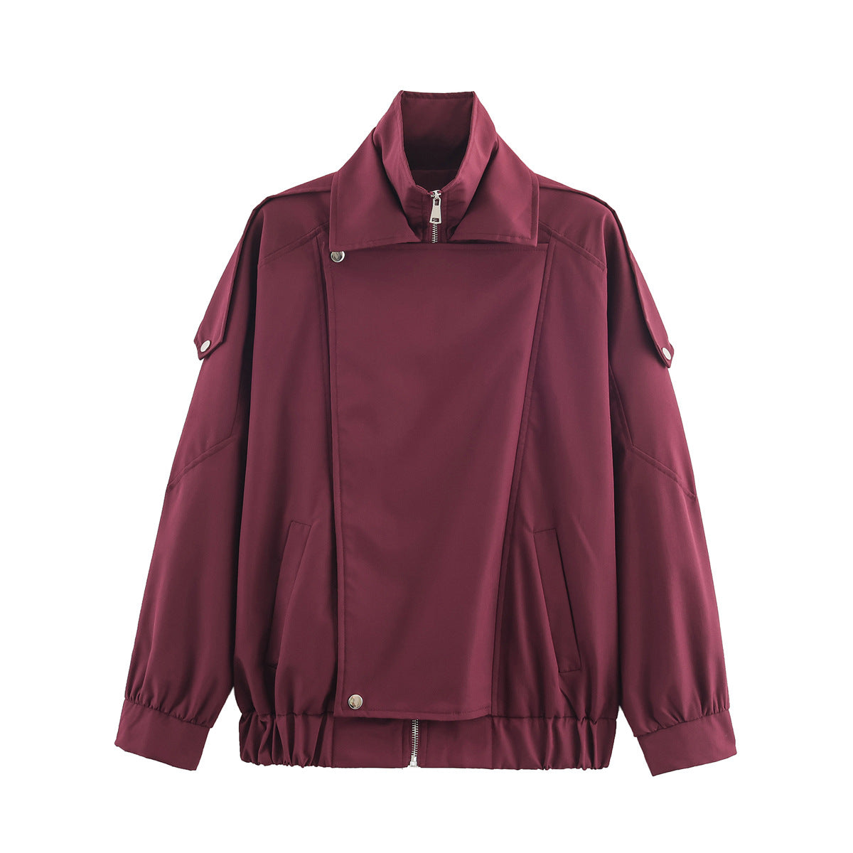 Women's oversized bomber jacket with asymmetric placket front, standing collar, and drawstring hem Chichicherry