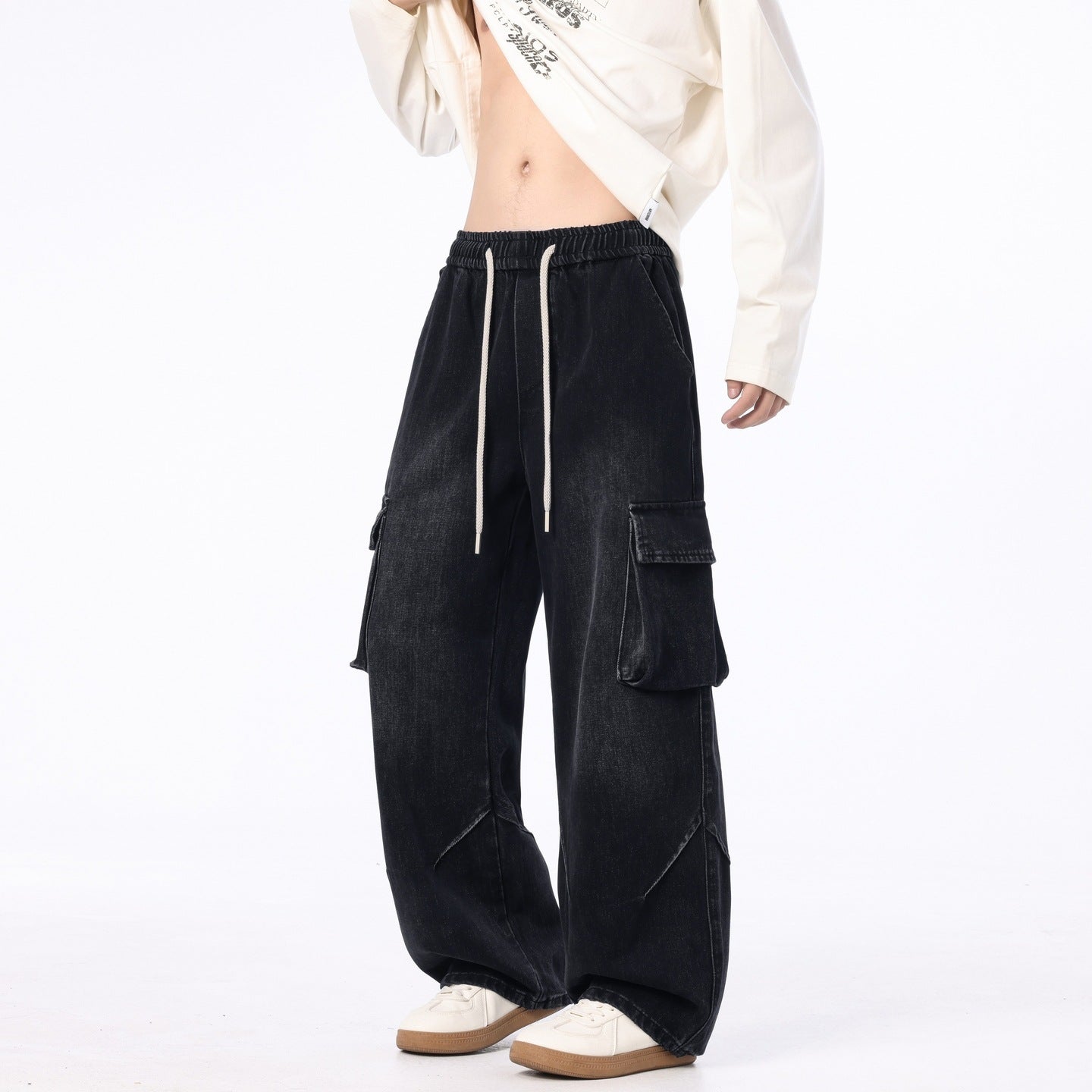 Men's Loose Cargo Denim Pants with Drawstring, Used Wash and Oversized Fit Chichicherry