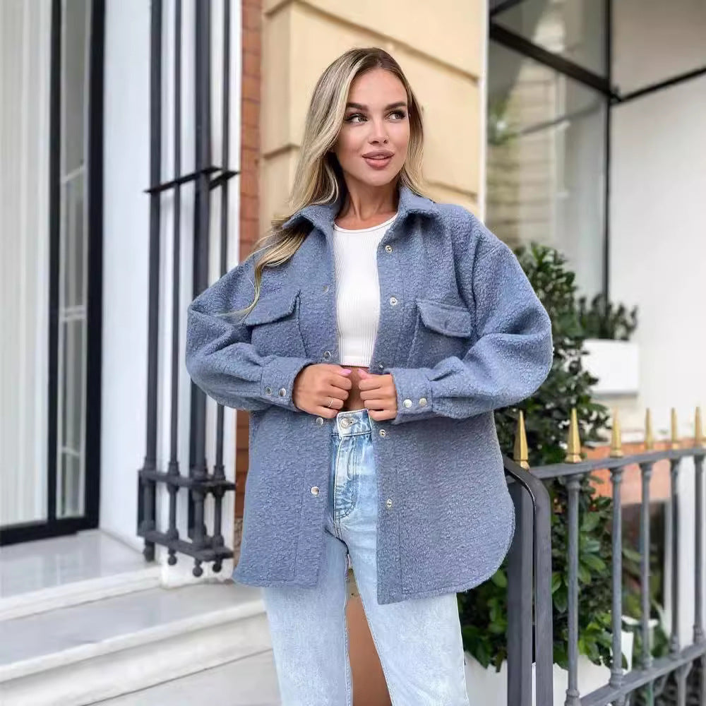Damen Oversized Teddy-Übergangsjacke mit Brusttaschen und Druckknöpfen Chichicherry