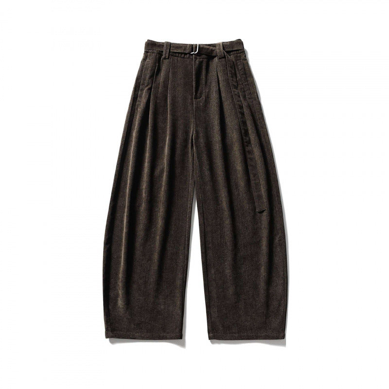 Women's Wide High Waist Pants with Pleats, Balloon Silhouette and Fabric Belt Chichicherry