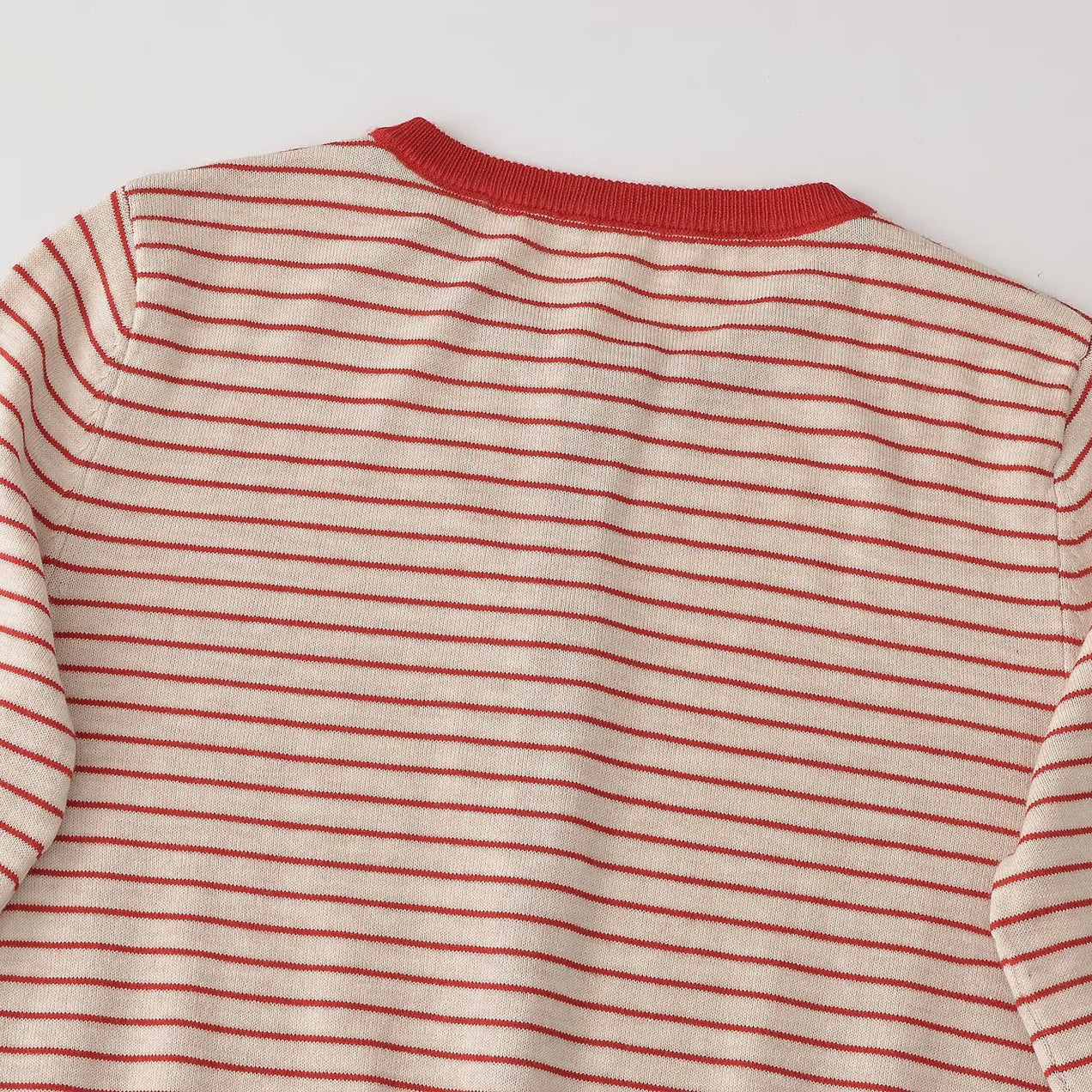 Women Striped Cropped Fine Knit Cardigan with Heart Buttons and Rib Trimmings Chichicherry