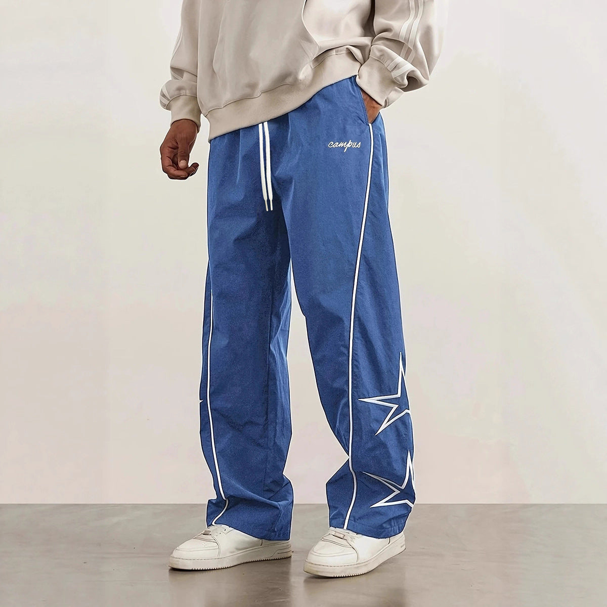 Men's Wide Trackpants with Contrast Piping, Drawstring and Star Application Chichicherry