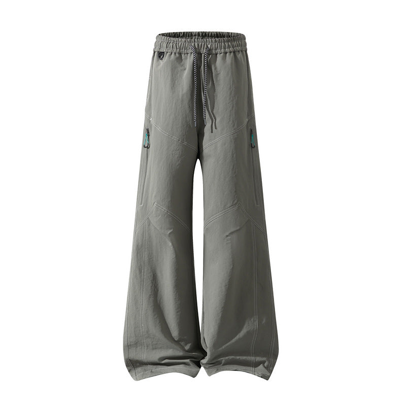 Men's Wide Cargo Pants with Drawstring Waistband, Utility Seams and Zip Pockets Chichicherry