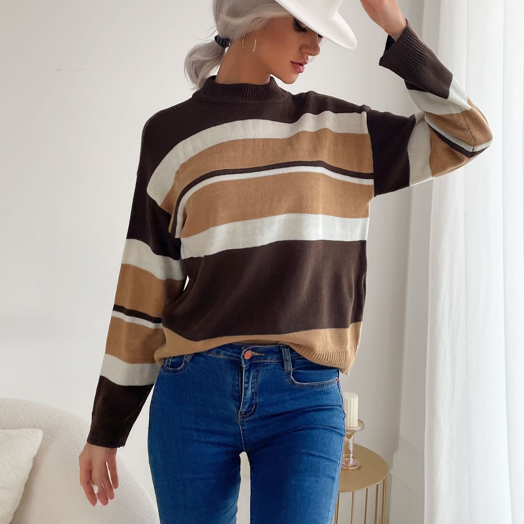 Women's Striped Fine Knit Sweater with Stand-Up Collar Chichicherry