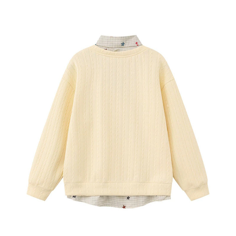 Women's Layered-Look Knit Sweater with Attached Shirt Placket, Star Appliqués and Chain Charm Chichicherry