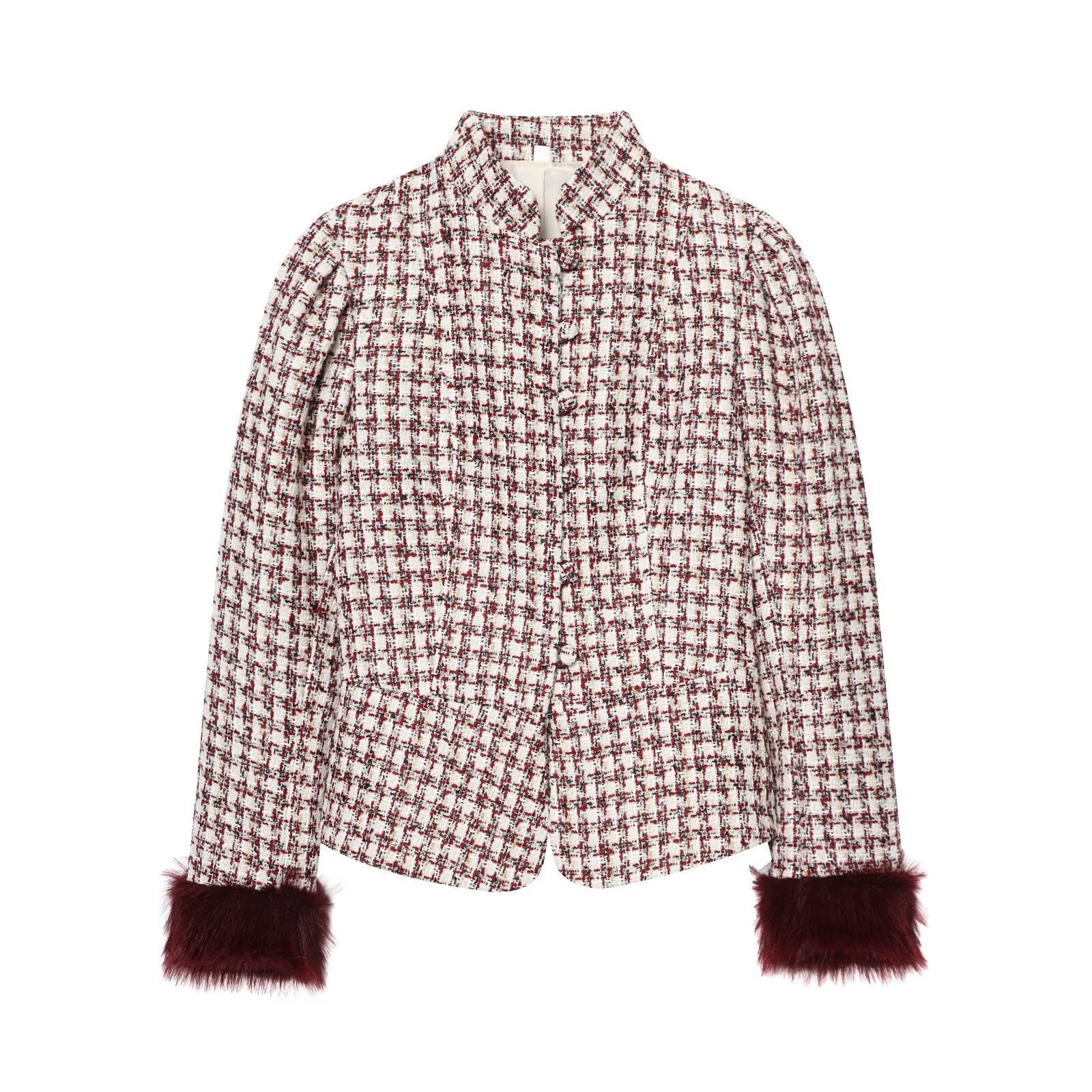 Women's short jacket made of boucle tweed with stand-up collar and faux fur cuffs Chichicherry