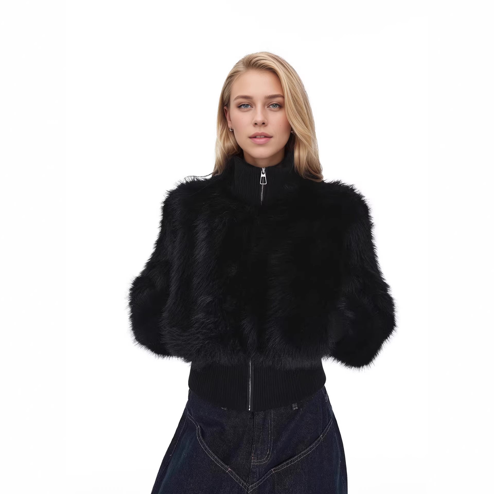 Women's Short Faux Fur Bomber Jacket with Boxy Silhouette and Zipper Detail Chichicherry