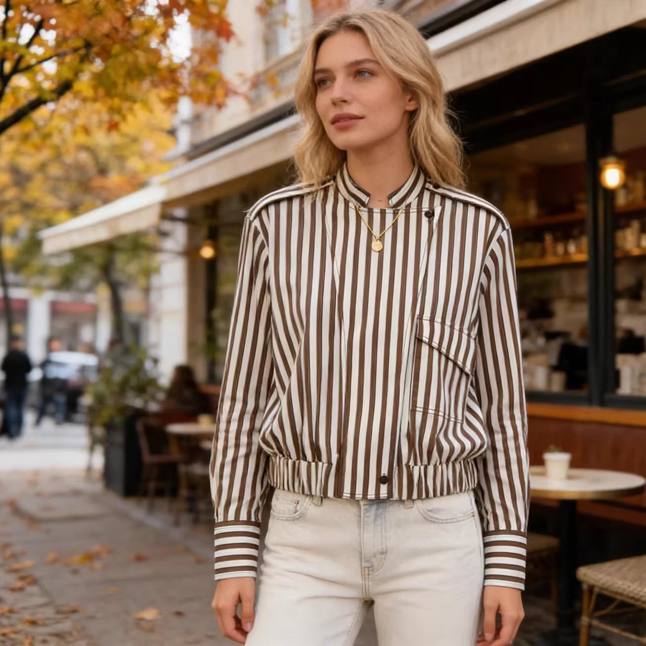 Women's Striped Blouson Shirt Blouse with Stand Collar, Shoulder Epaulettes, and Elastic Hem Chichicherry