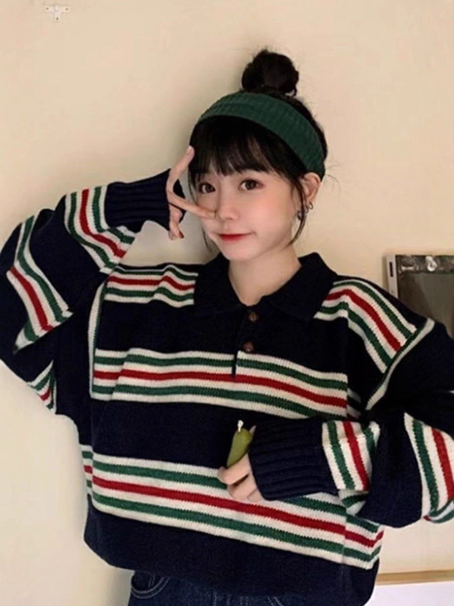 Women Oversized Polo Collar Knit Sweater with Maritime Block Stripes and Boxy Cropped Silhouette Chichicherry