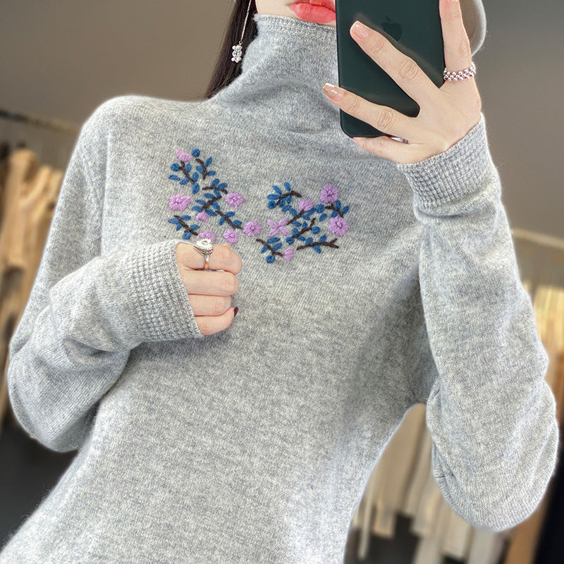 Women's Cashmere-Look Roll Neck Sweater with Delicate Floral Embroidery on the Chest Area Chichicherry