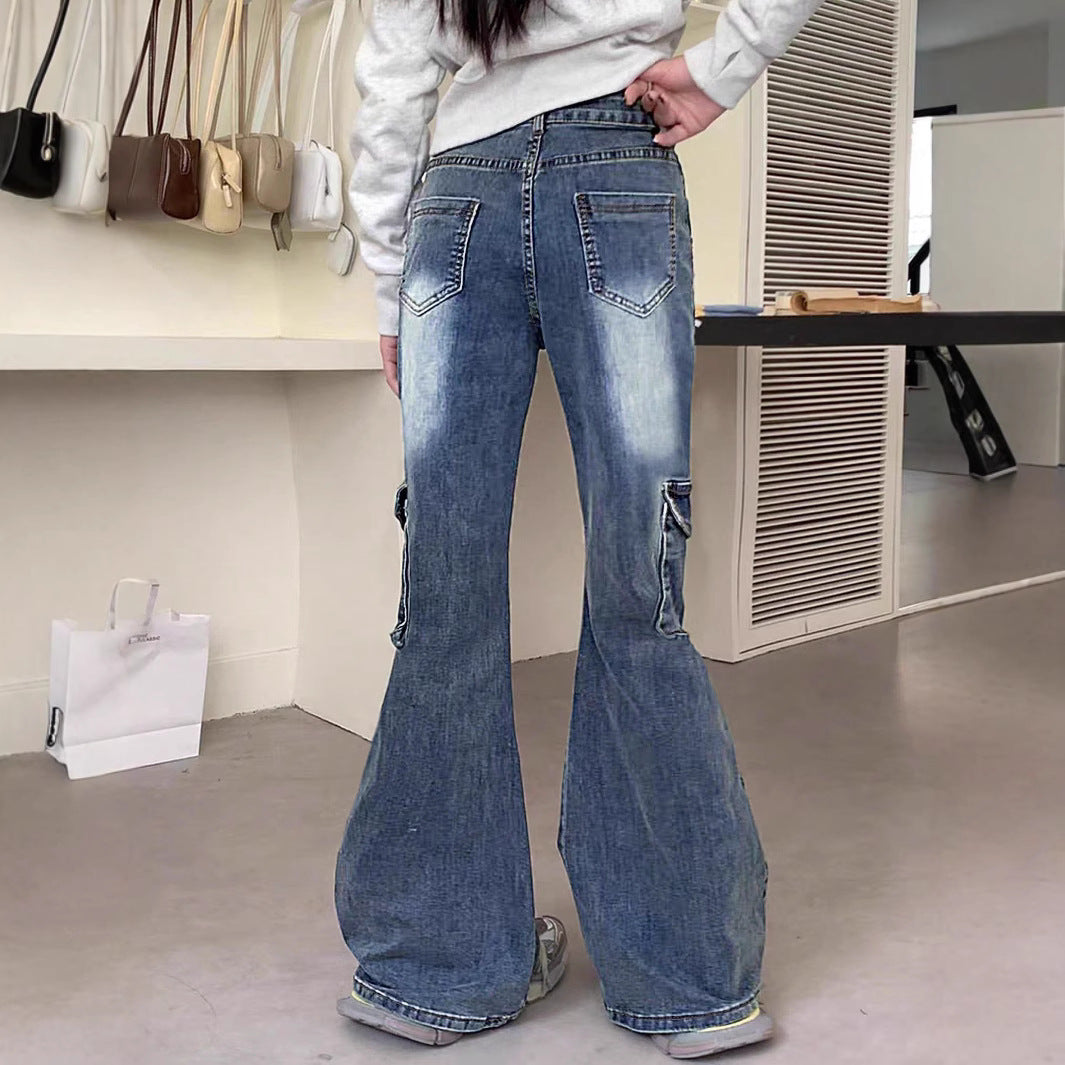 Women's wide flared cargo-style jeans with decorative ribbons, lace appliqués, and multiple pockets Chichicherry
