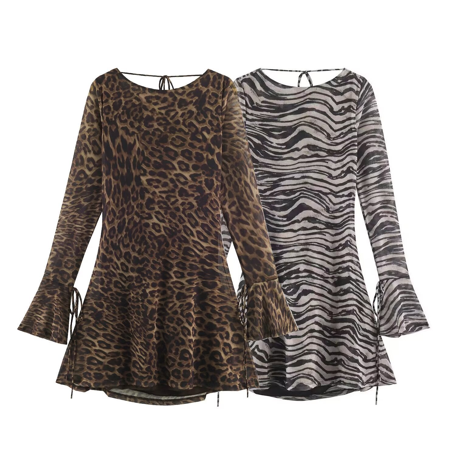 Women Semi-Transparent Mesh Tunic Mini Dress with A-Line, Trumpet Sleeves and Back Lacing Chichicherry
