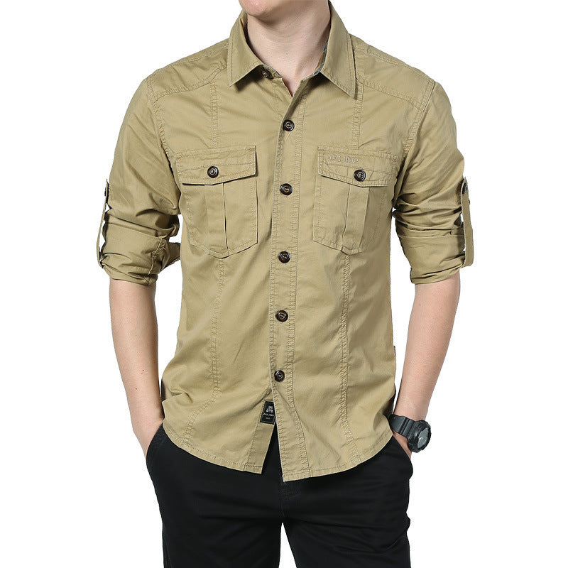 Men's Long-Sleeved Canvas Field Shirt with Chest Patch Pockets and Military Details Chichicherry