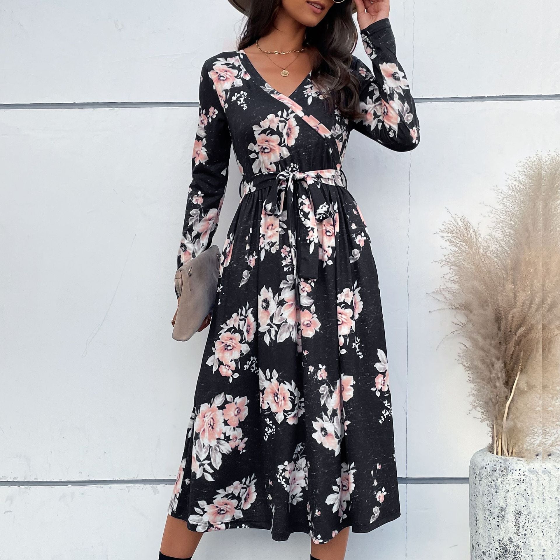 Women Floral Wrap Midi Dress with V-Neck, Waist Belt and Flared Skirt Chichicherry