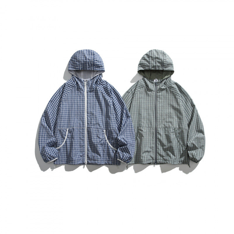 Unisex Lightweight Checked Windbreaker Jacket with Hood, Raglan Sleeves, and Drawstring Chichicherry