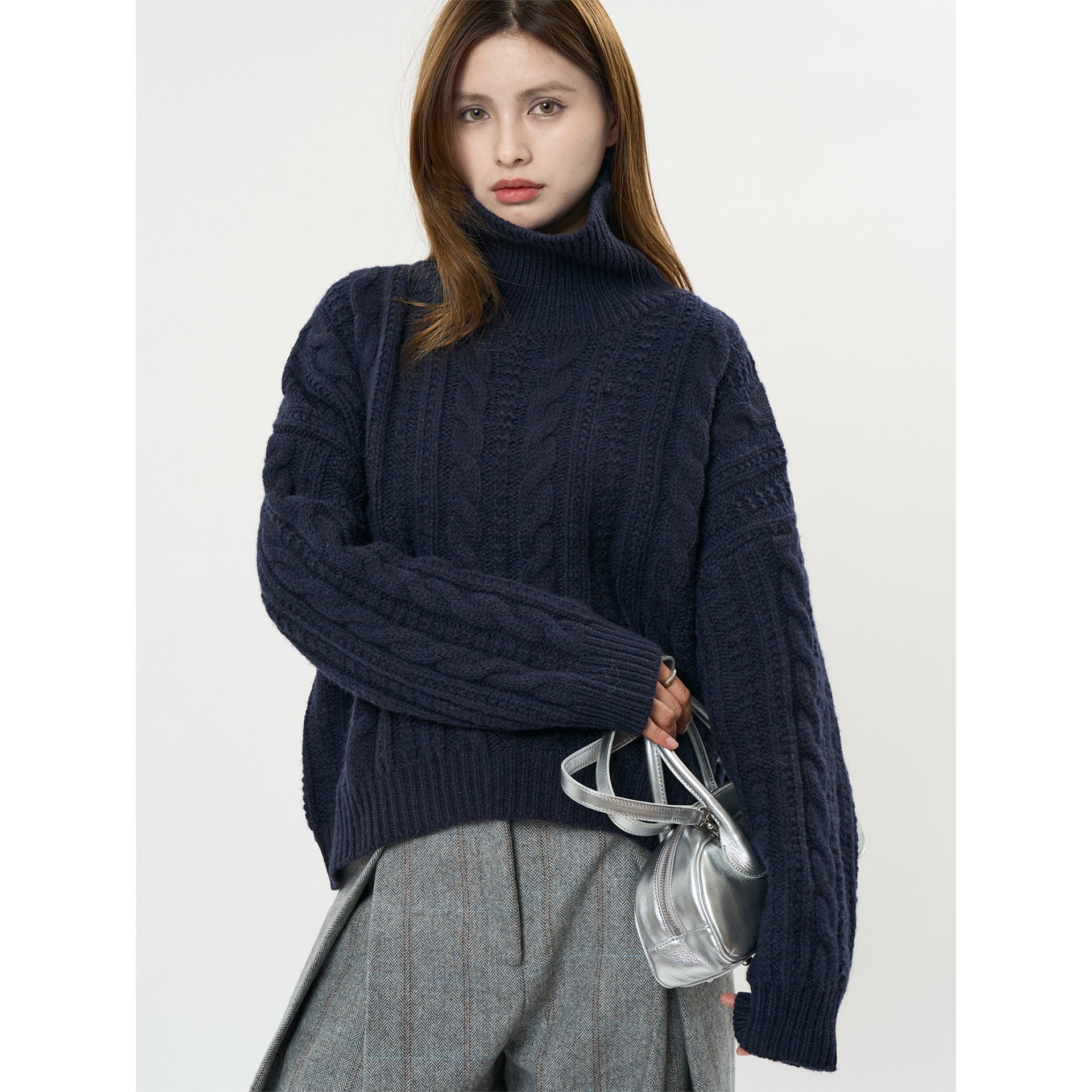 Women Chunky Knit Turtleneck Sweater with Cable Pattern and Relaxed Fit Chichicherry