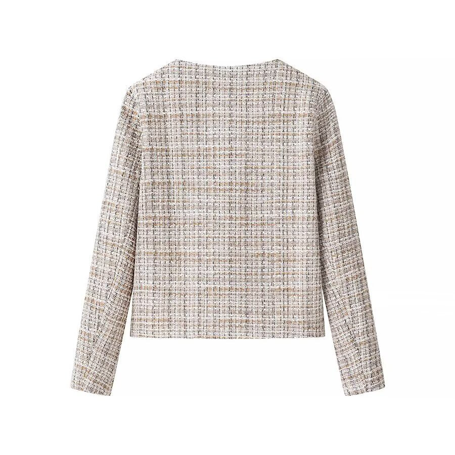Ladies short jacket made of bouclé tweed with a round neckline and decorative gold buttons Chichicherry