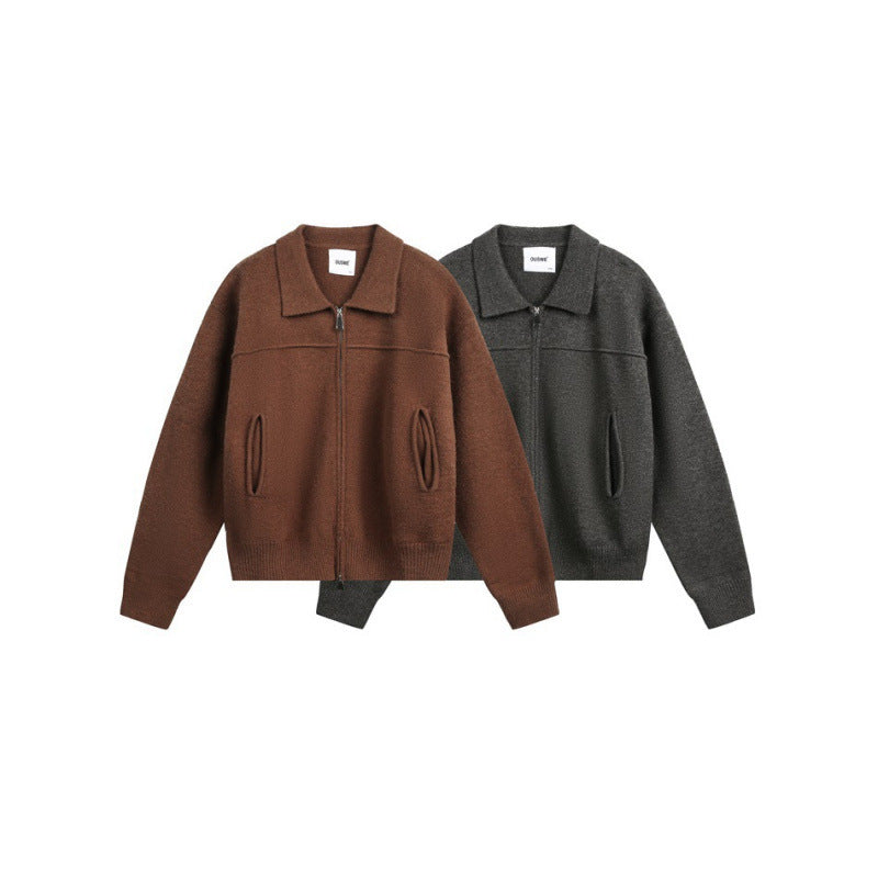 Men's knitted zip jacket with shirt collar, ribbed cuffs, and concealed side pockets Chichicherry