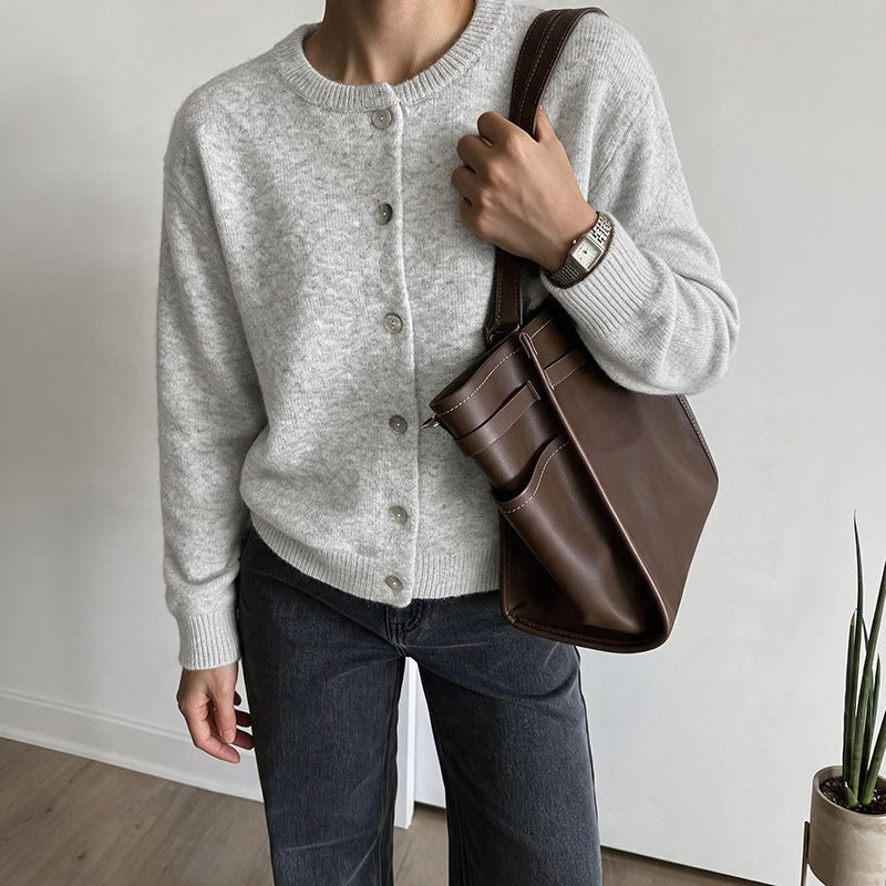 Women's Cropped Cozy Knit Cardigan with Round Neck, Pearl Button Placket, and Ribbed Finishes Chichicherry