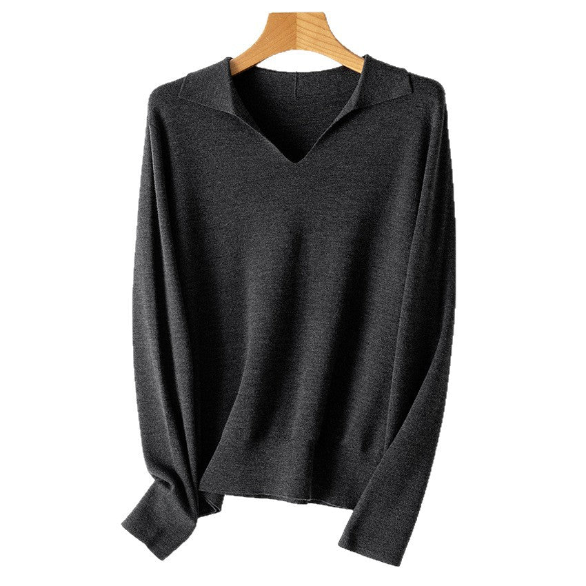 Women's fine knit pullover with V-neck and shirt collar Chichicherry