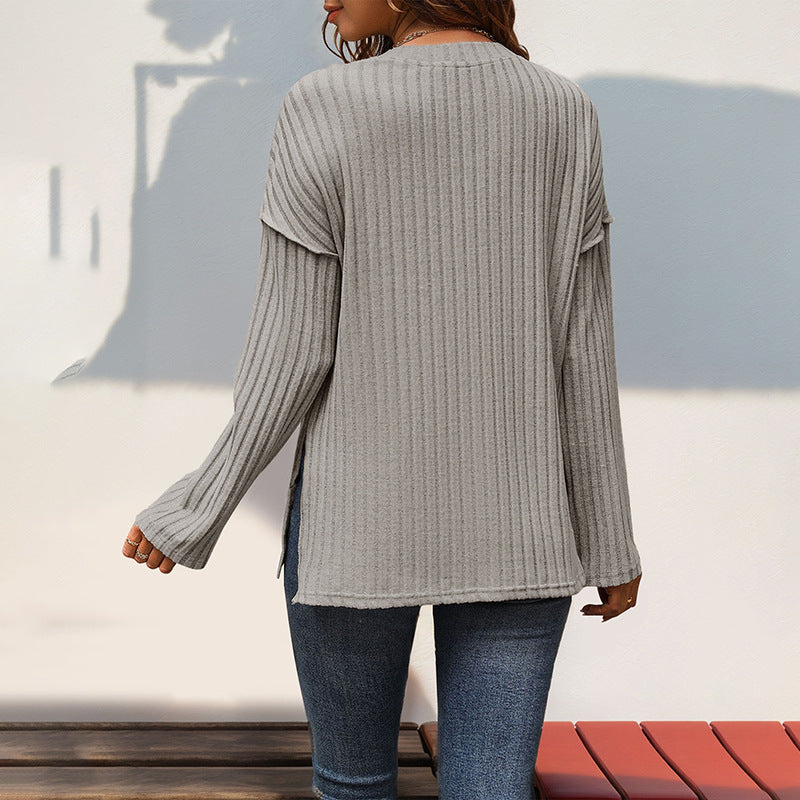 Women Ribbed Henley Sweater with Button Placket and Dropped Shoulder Chichicherry