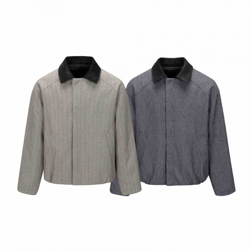 Men's short jacket in herringbone wool blend with leather collar and concealed closure Chichicherry