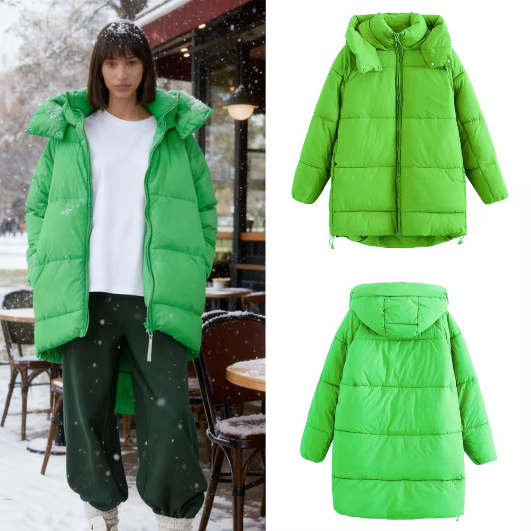 Women's Longer Quilted Down-Effect Coat with High Collar, Hood and Drawstring Chichicherry
