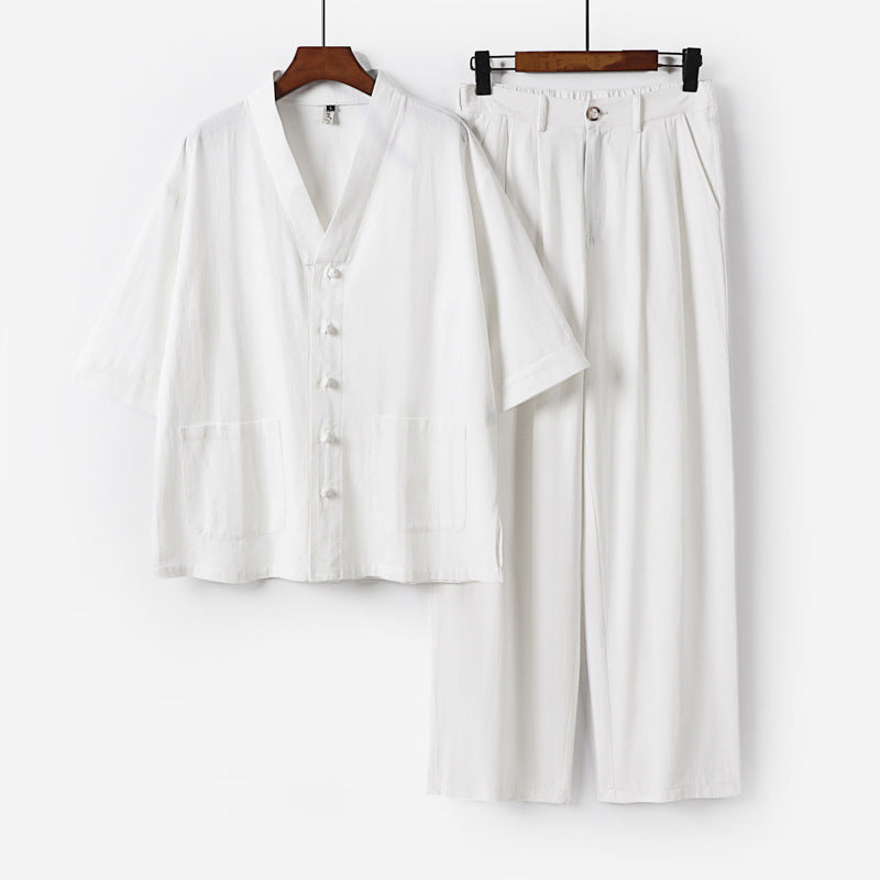Unisex Zen-inspired Relax Set with short sleeve kimono top, concealed button placket, and elastic waistband pants Chichicherry